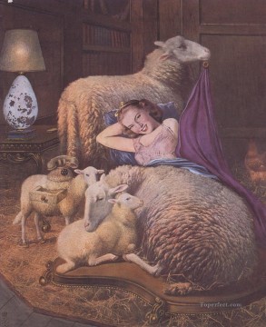 抽象的かつ装飾的 Painting - 羊の横たわる少女 シュルレアリスム